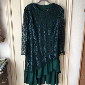 Asemmetrical lace overlay, cocktail length dress